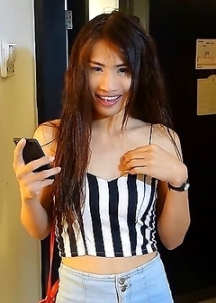 21 year old Thai ladyboy Donut sucks white cock and jerks off for cumshots