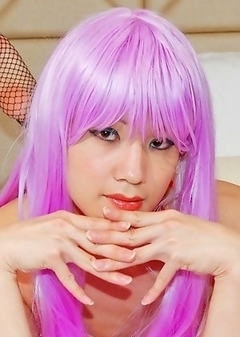 Cute Kanato can fullfill your fantasies in her purple wig, lingerie, and fishnet stockings.